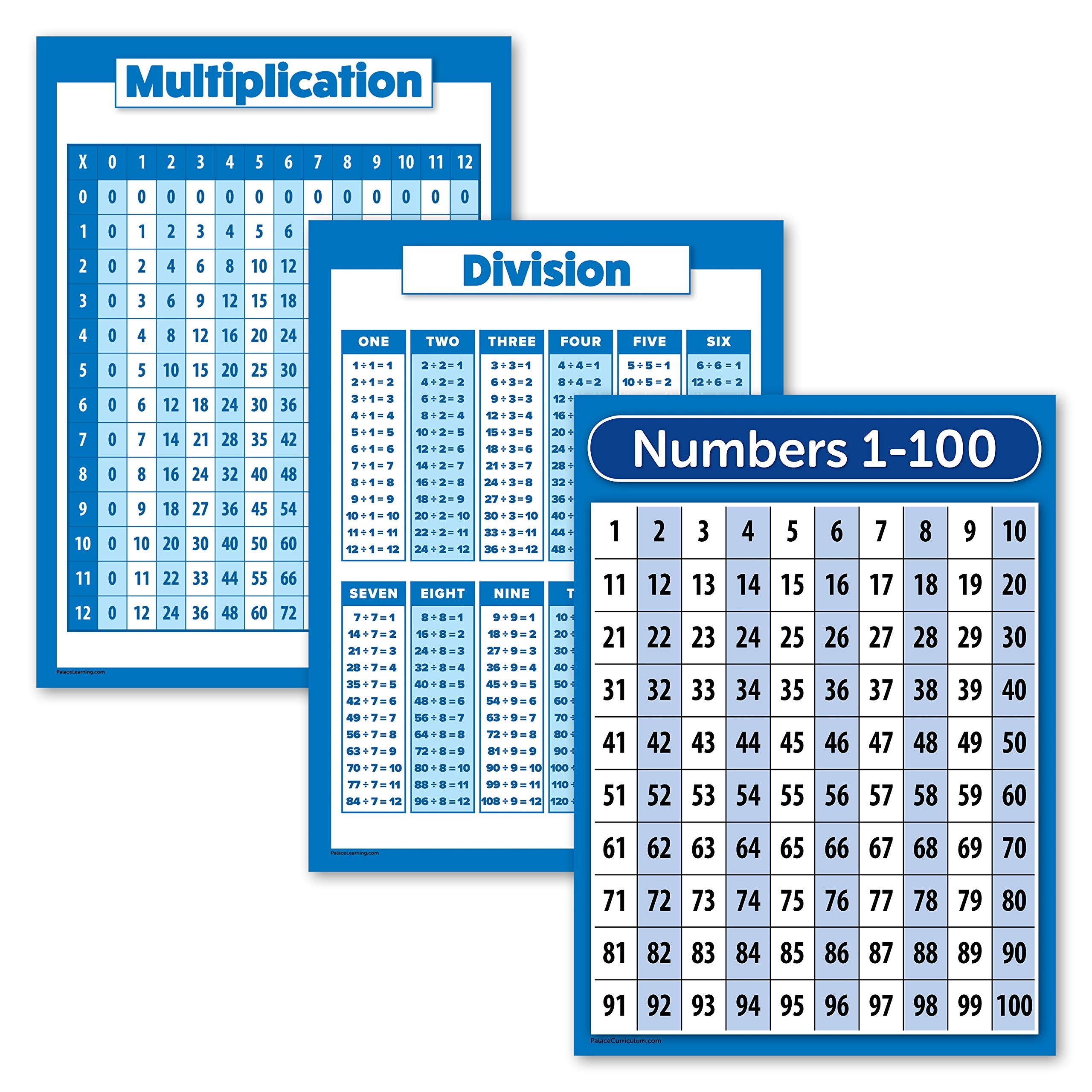 Amazon Palace Learning 3 Pack Multiplication Table Poster Division Numbers 1 100 Math Chart Set LAMINATED 18 X 24 Office Products