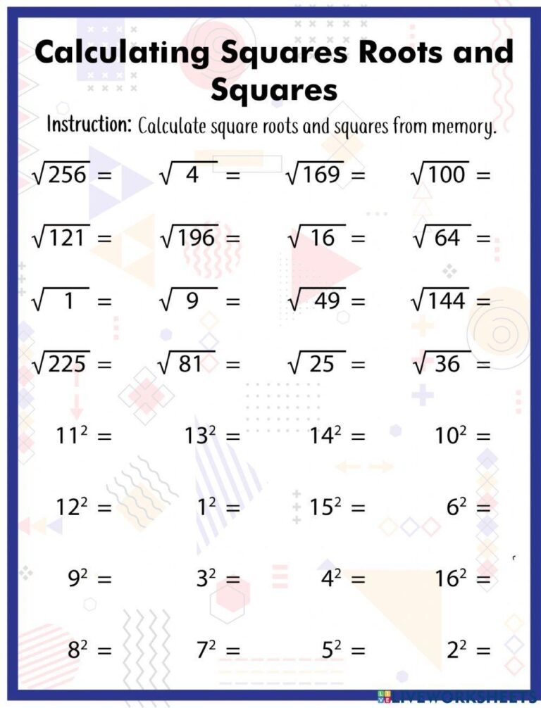 Calculating Squares Roots And Squares Worksheet Worksheets Library