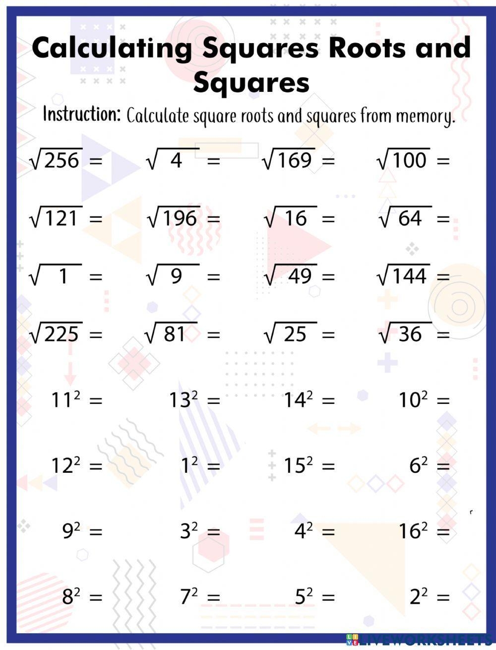 Calculating Squares Roots And Squares Worksheet Worksheets Library