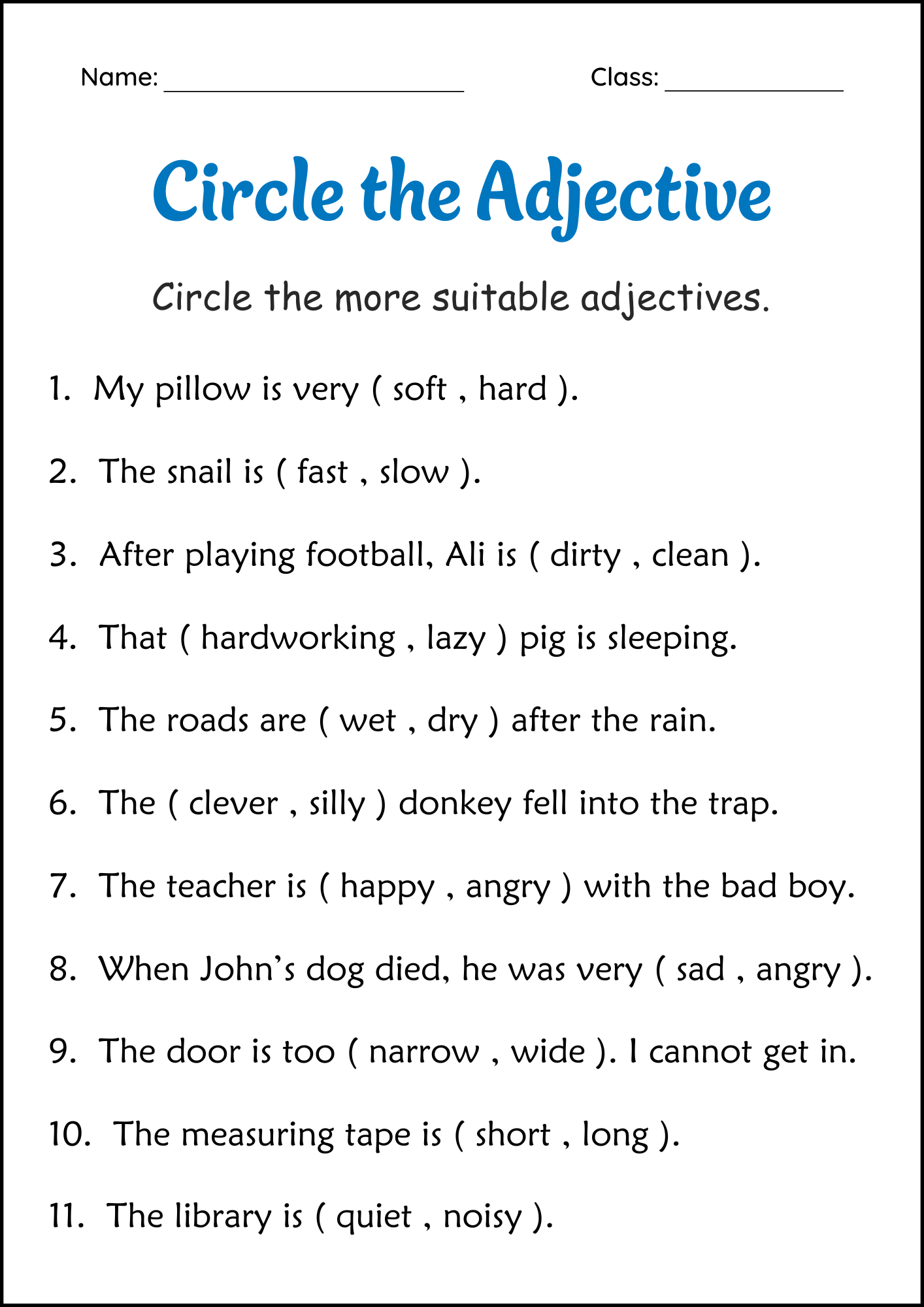 Circle The Adjectives Grammar Worksheets 2nd And 3rd Grade Teaching Resources