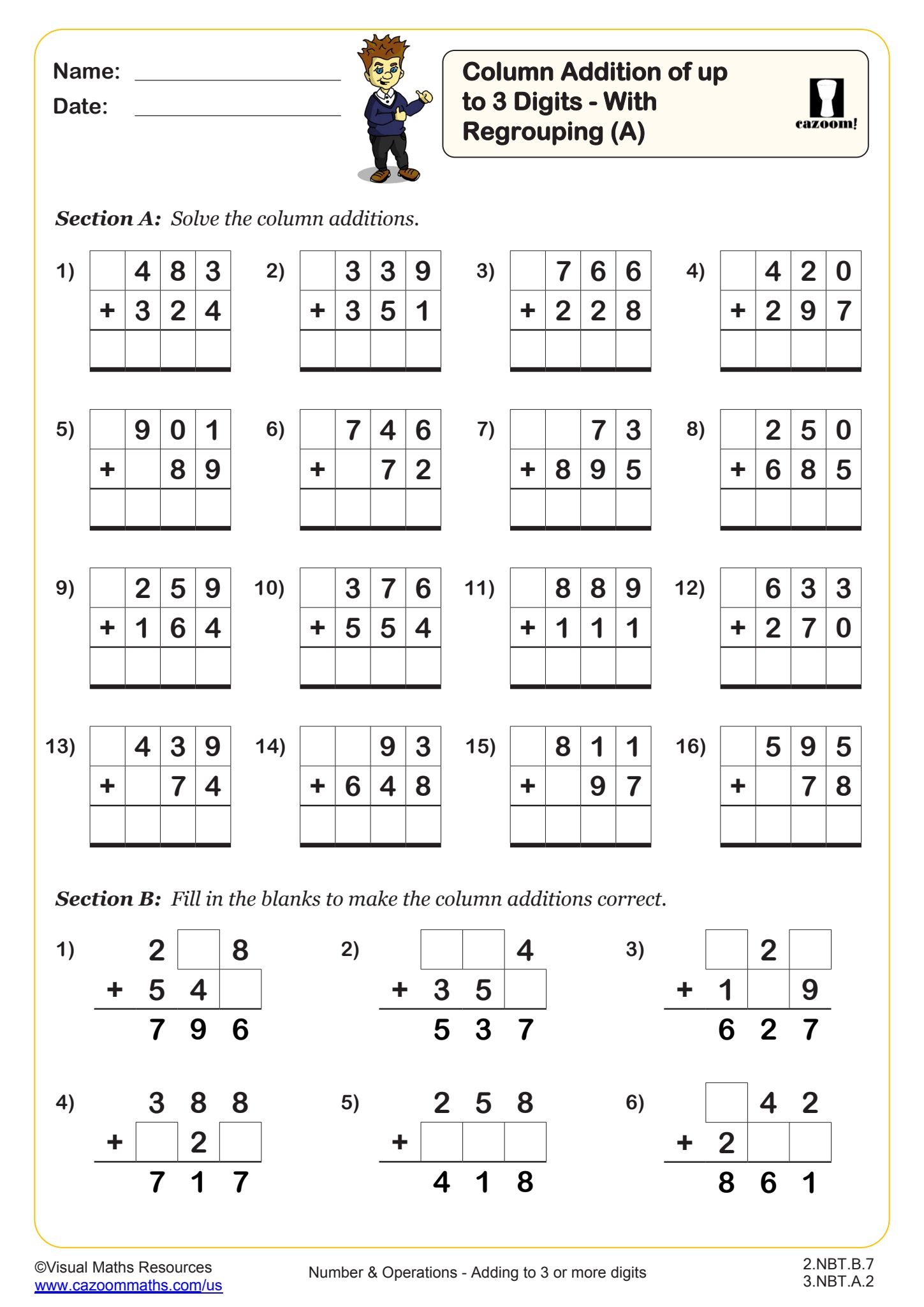 Column Addition Of Up To 3 Digits With Regrouping A Worksheet Fun And Engaging 2nd Grade And 3rd Grade Number Operations Worksheet Cazoom Math Column Addition Of Up To 3 Digits With Regrouping A Worksheet Fun And Engaging 2nd Grade And 3rd Grade Number Operations Worksheet Cazoom Math