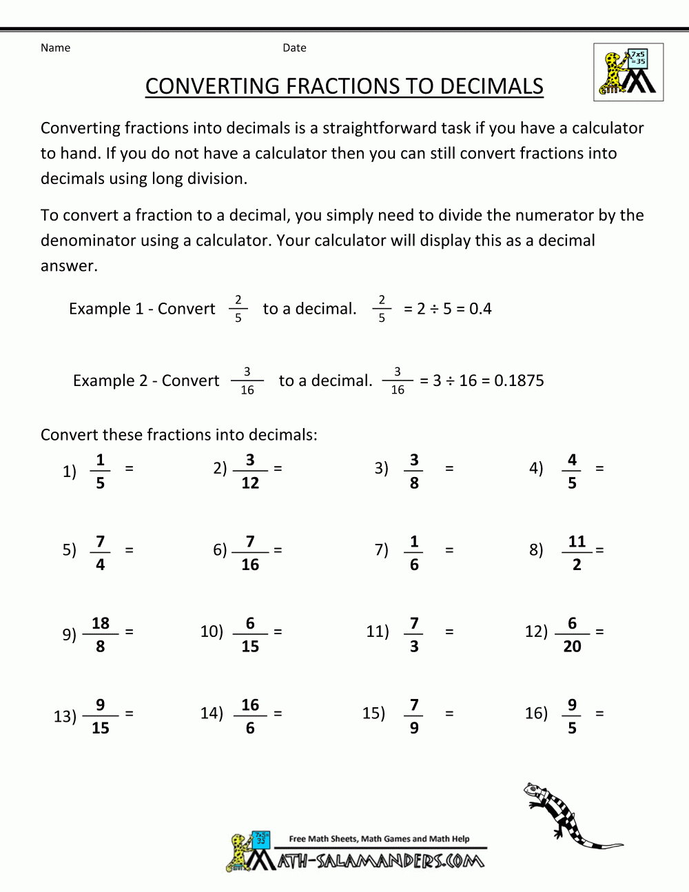 fraction to decimal worksheet