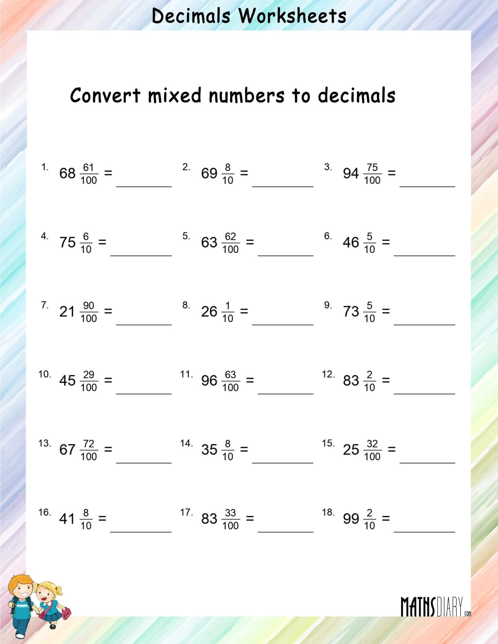 Convert Mixed Fractions To Decimals Worksheets Math Worksheets MathsDiary