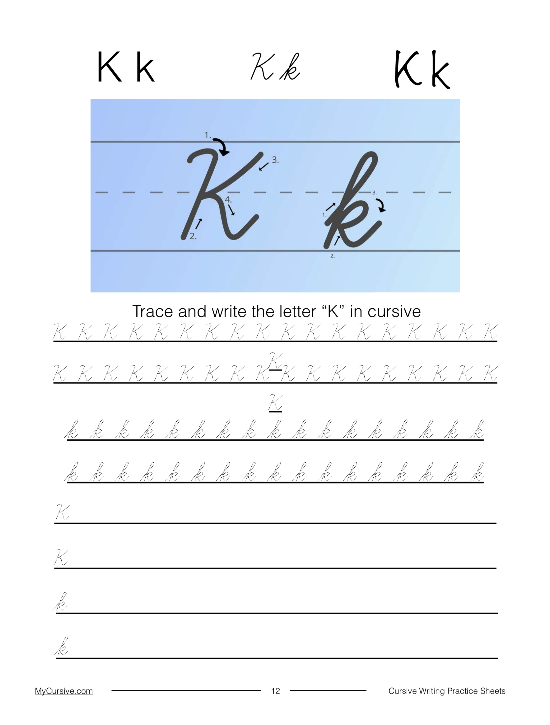 Cursive K Full Tutorial And Worksheet