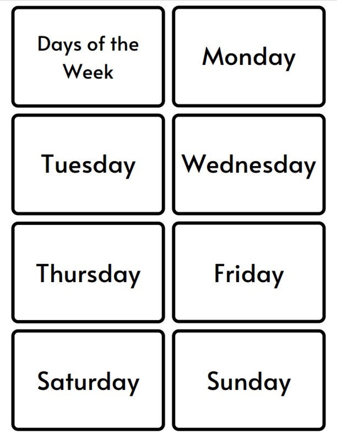 Days Of The Week Printable Flashcards Etsy