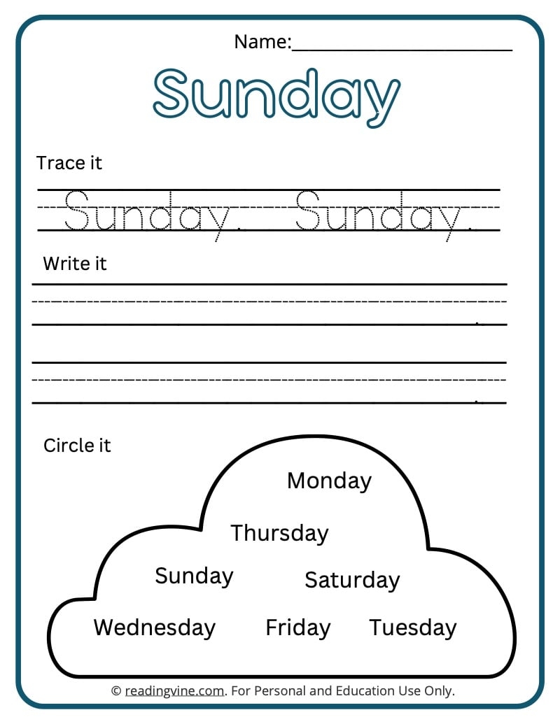 days of the week printables