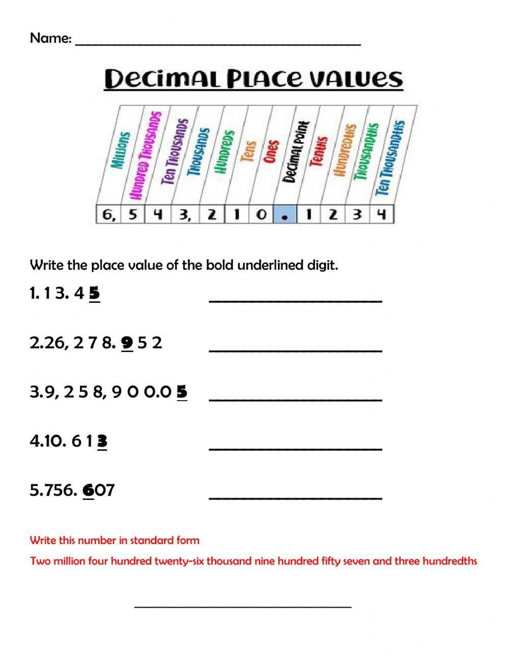 Decimal Place Value Interactive Exercise Worksheets Library
