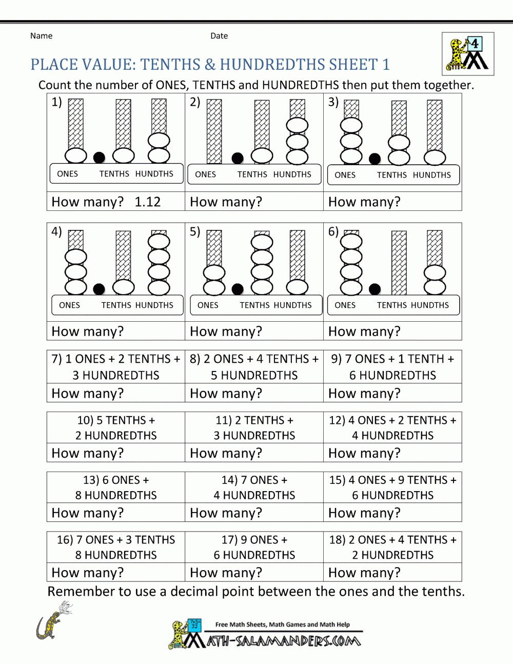 decimal place value worksheets