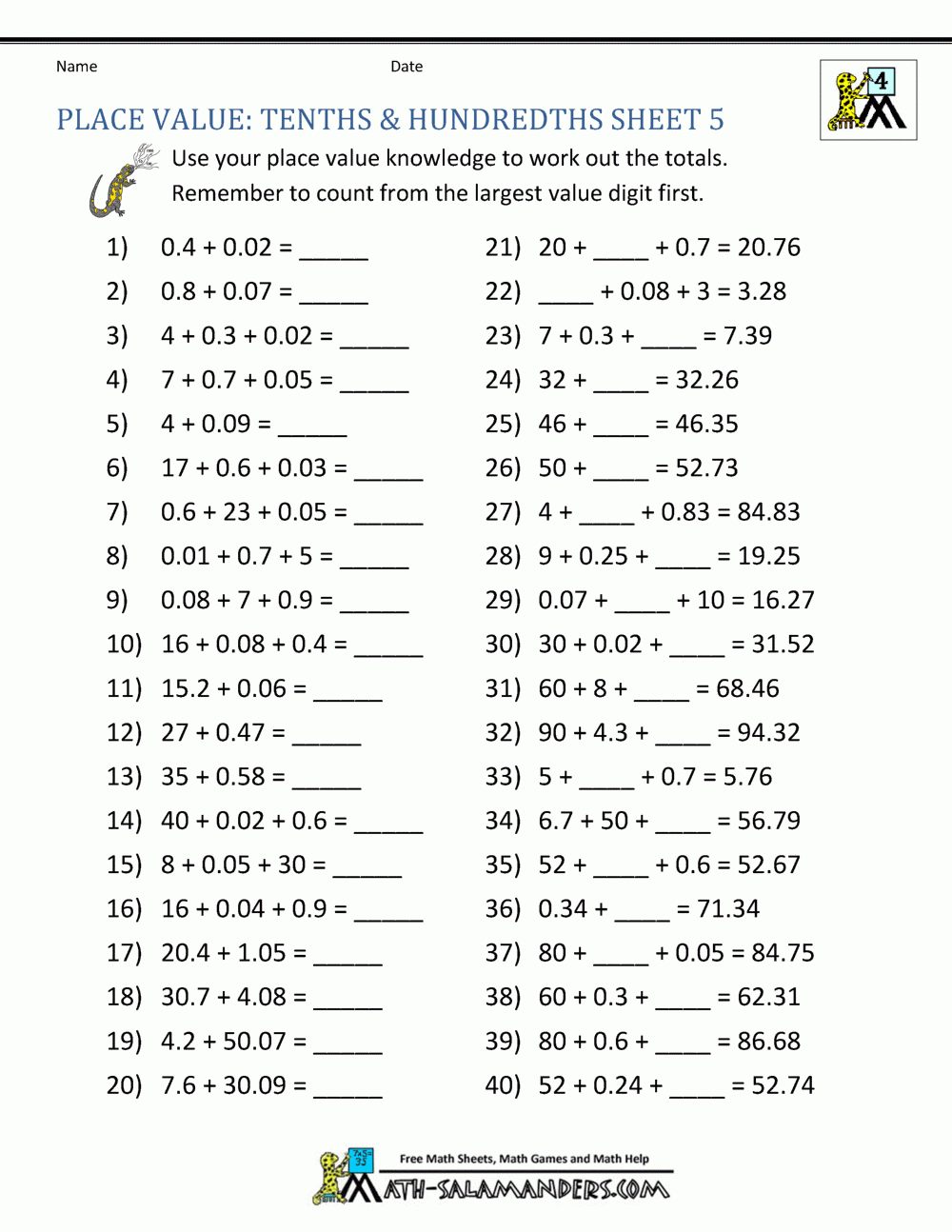 Decimal Place Value Worksheets 4th Grade Worksheets Library