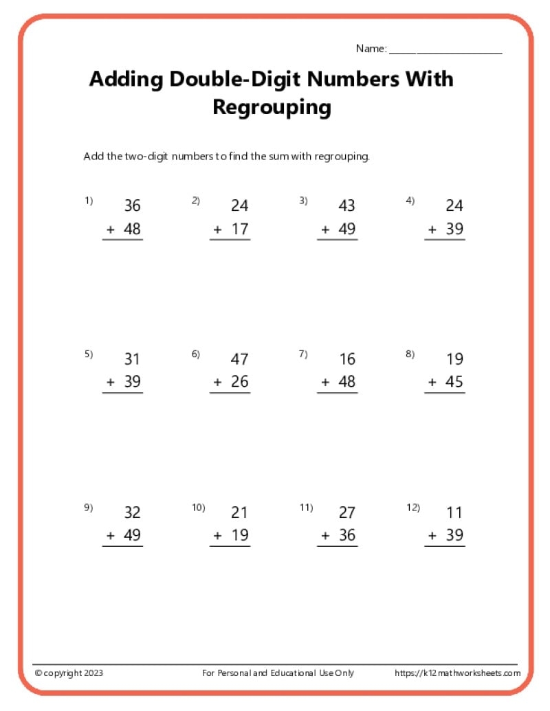 Double Digit Addition With Regrouping Worksheets Double Digit Addition With Regrouping Worksheets