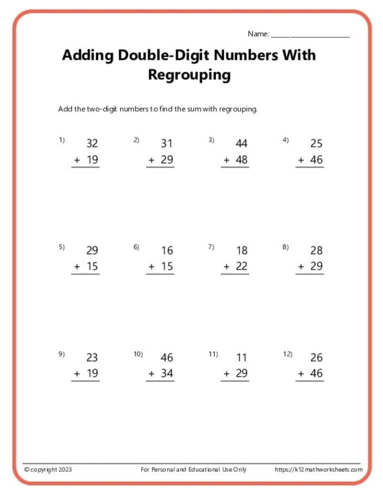 Double Digit Addition With Regrouping Worksheets