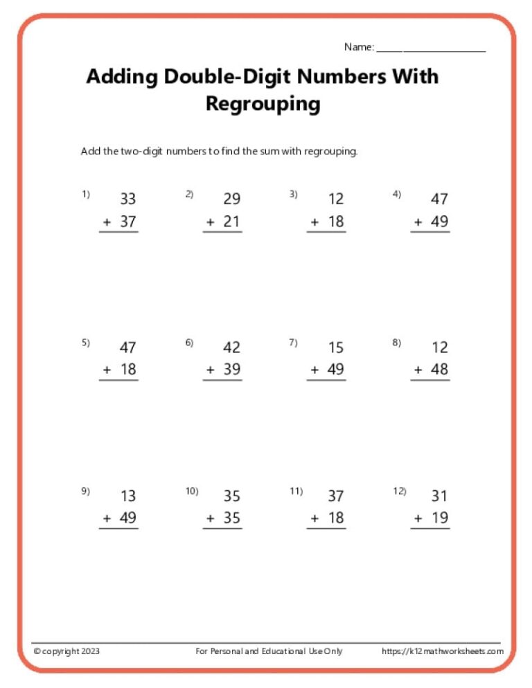 Double Digit Addition With Regrouping Worksheets
