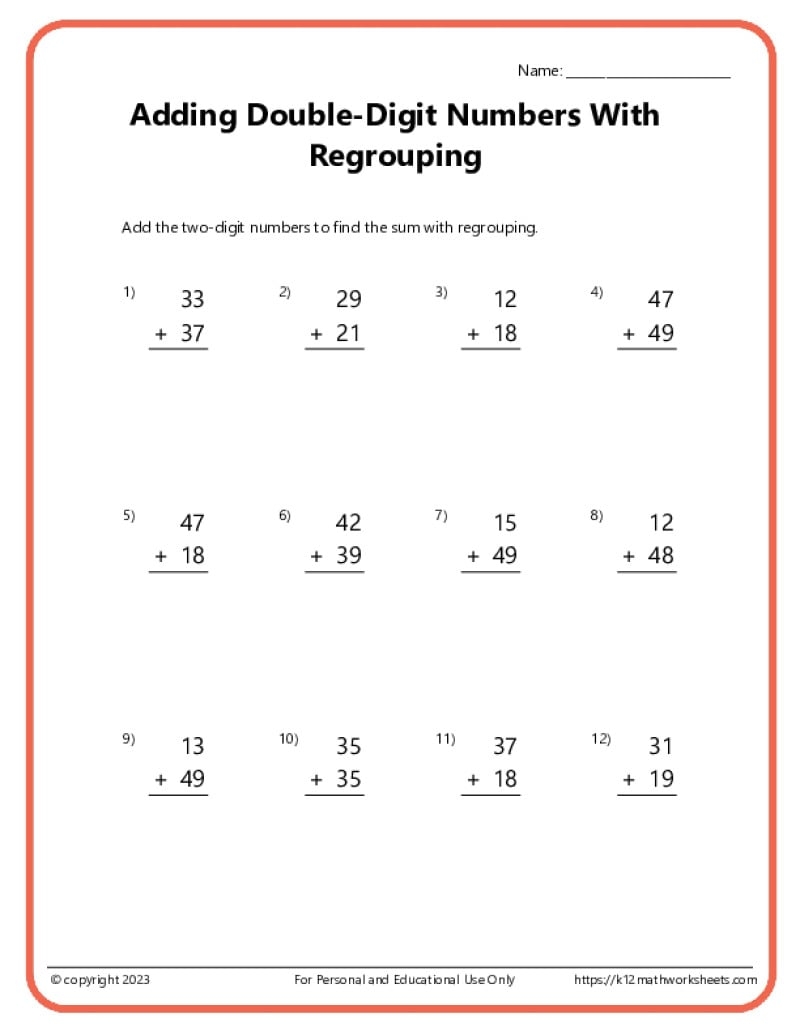 Double Digit Addition With Regrouping Worksheets Double Digit Addition With Regrouping Worksheets