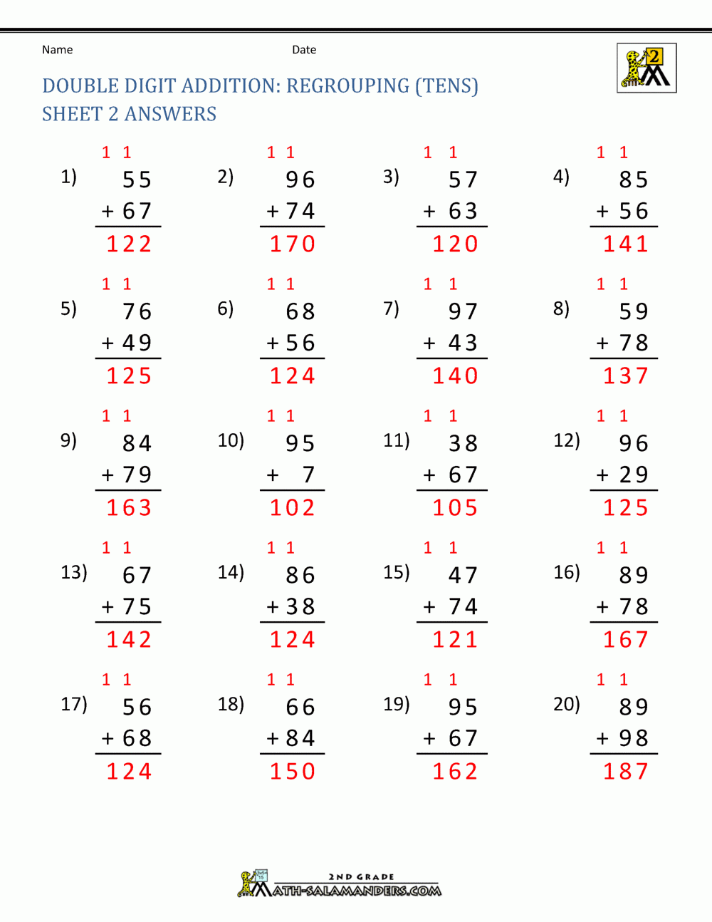 Double Digit Addition With Regrouping