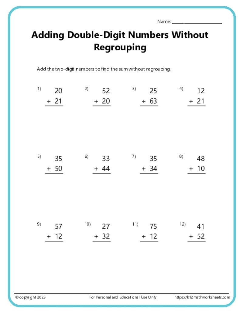 Double Digit Addition Without Regrouping Worksheets Double Digit Addition Without Regrouping Worksheets