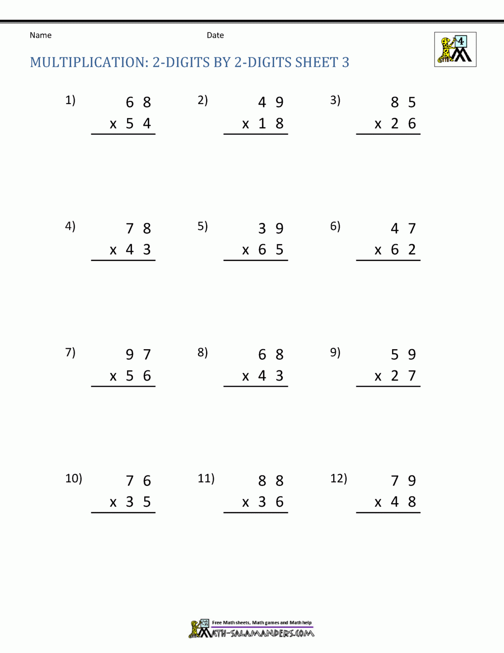 2 digit by 2 digit multiplication worksheets