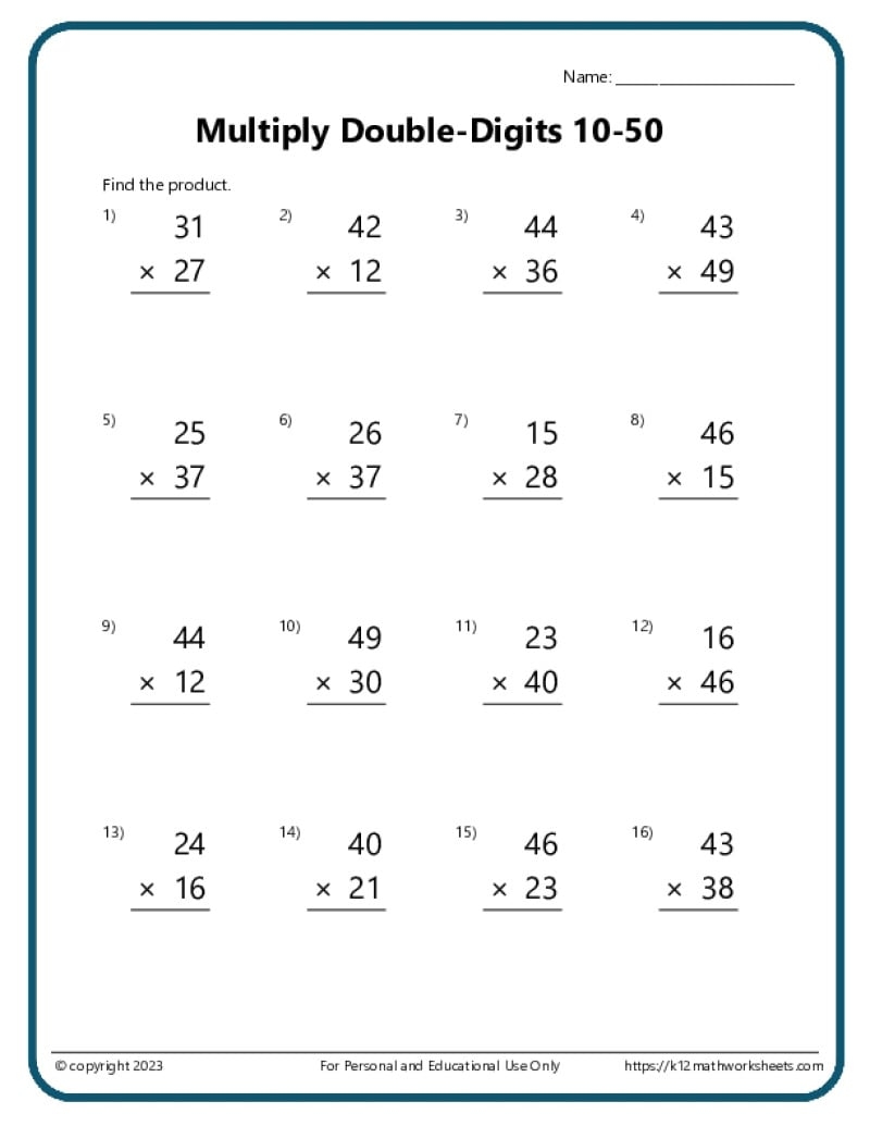 Double Digit Multiplication Worksheets