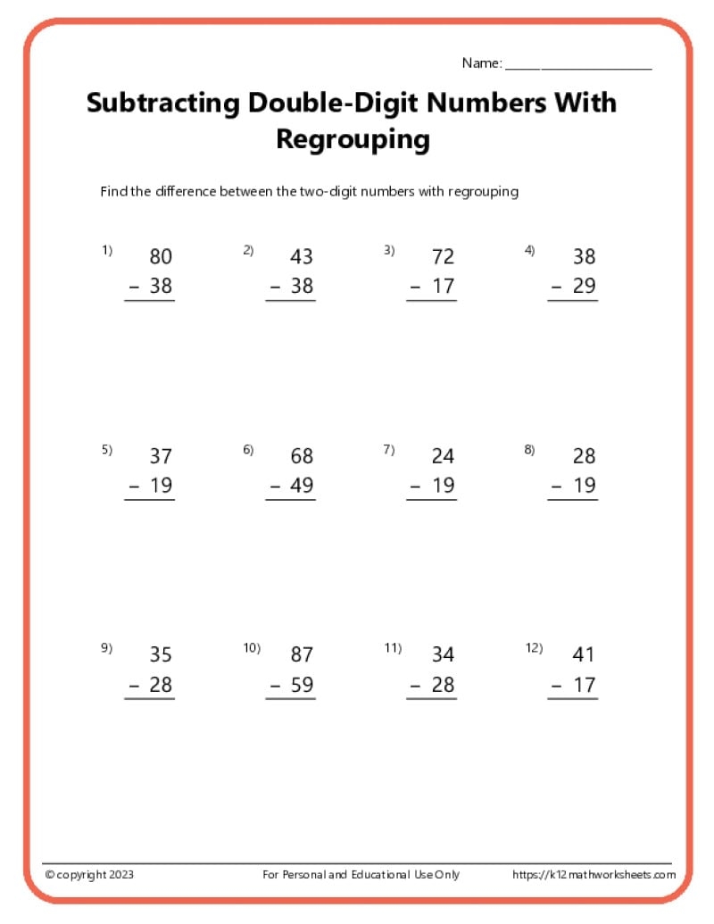 Double Digit Subtraction With Regrouping Borrowing K12 Math Worksheets Double Digit Subtraction With Regrouping Borrowing K12 Math Worksheets