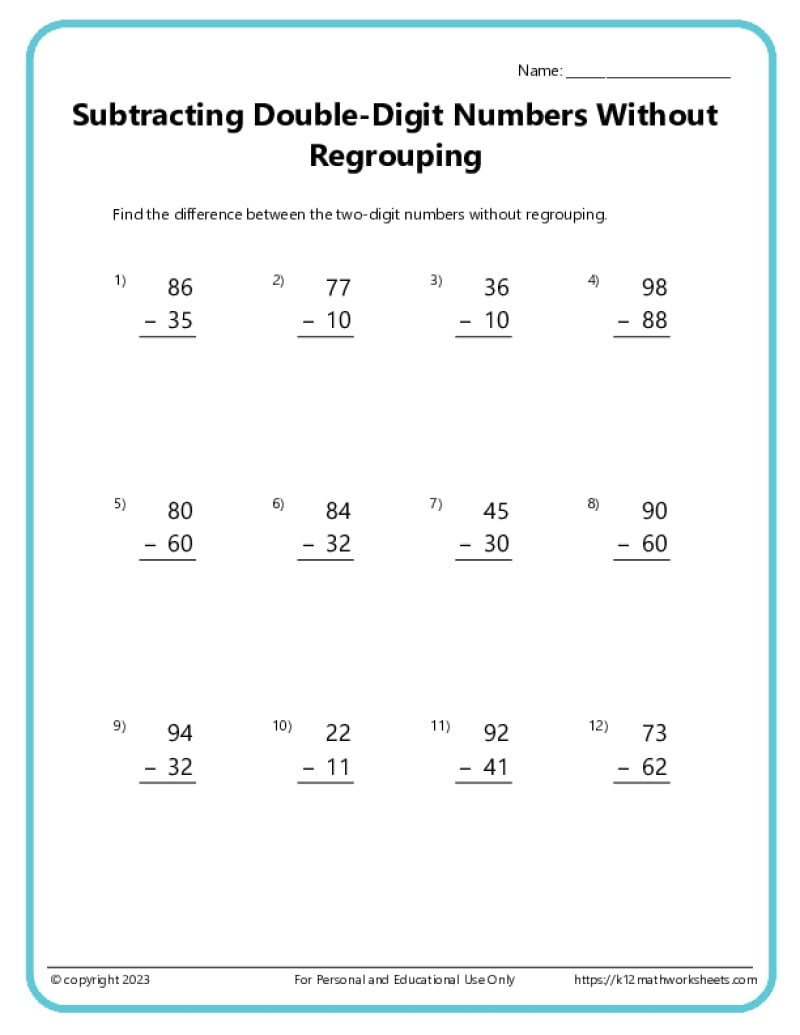 2 digit subtraction without regrouping