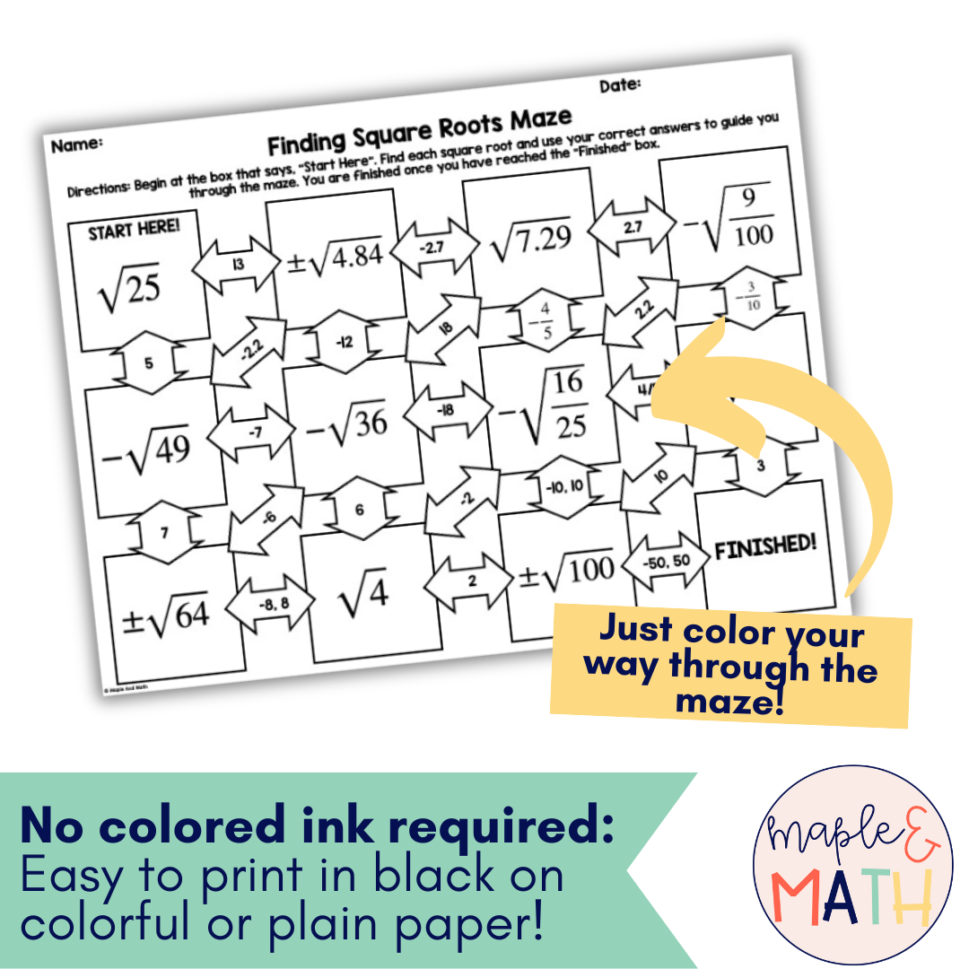 Finding Square Roots Maze Activity Worksheet 8th Grade Classful