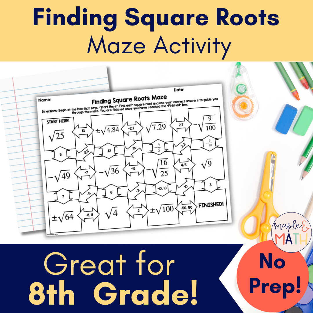 Finding Square Roots Maze Activity Worksheet 8th Grade Classful