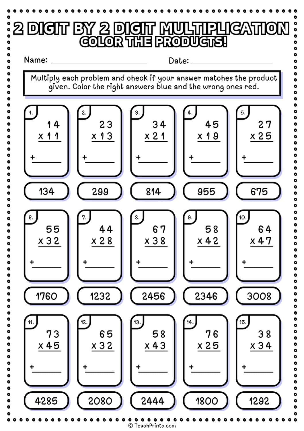 Free 2 Digit By 2 Digit Multiplication Worksheets Teach Prints
