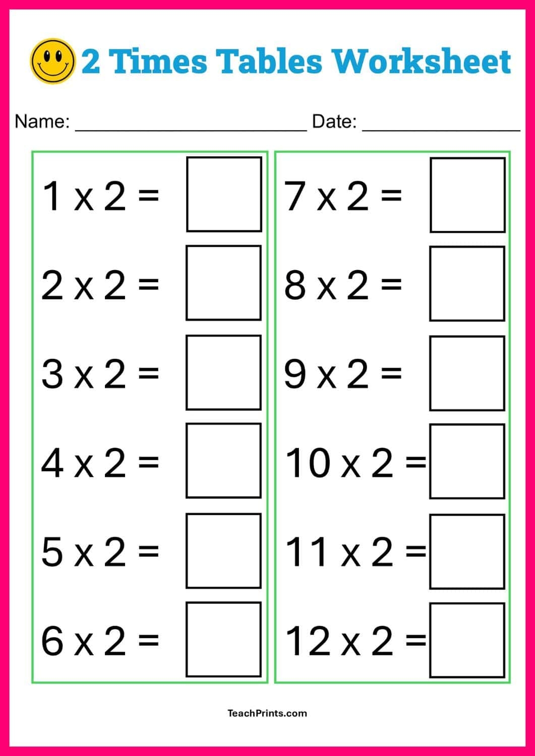 Free Two Times Tables Worksheets Teach Prints