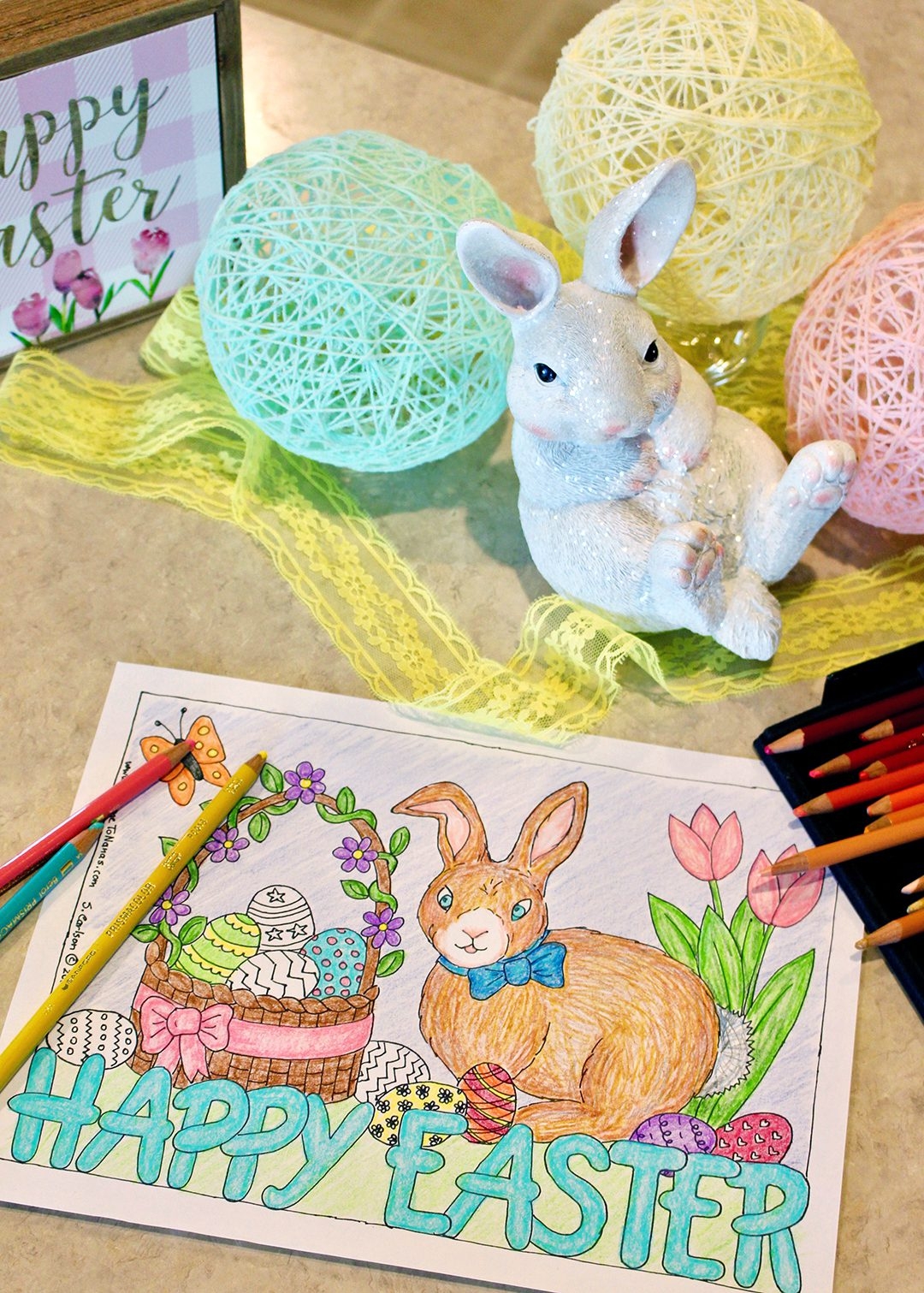 Happy Easter Coloring Page with A Basket Easter Bunny 