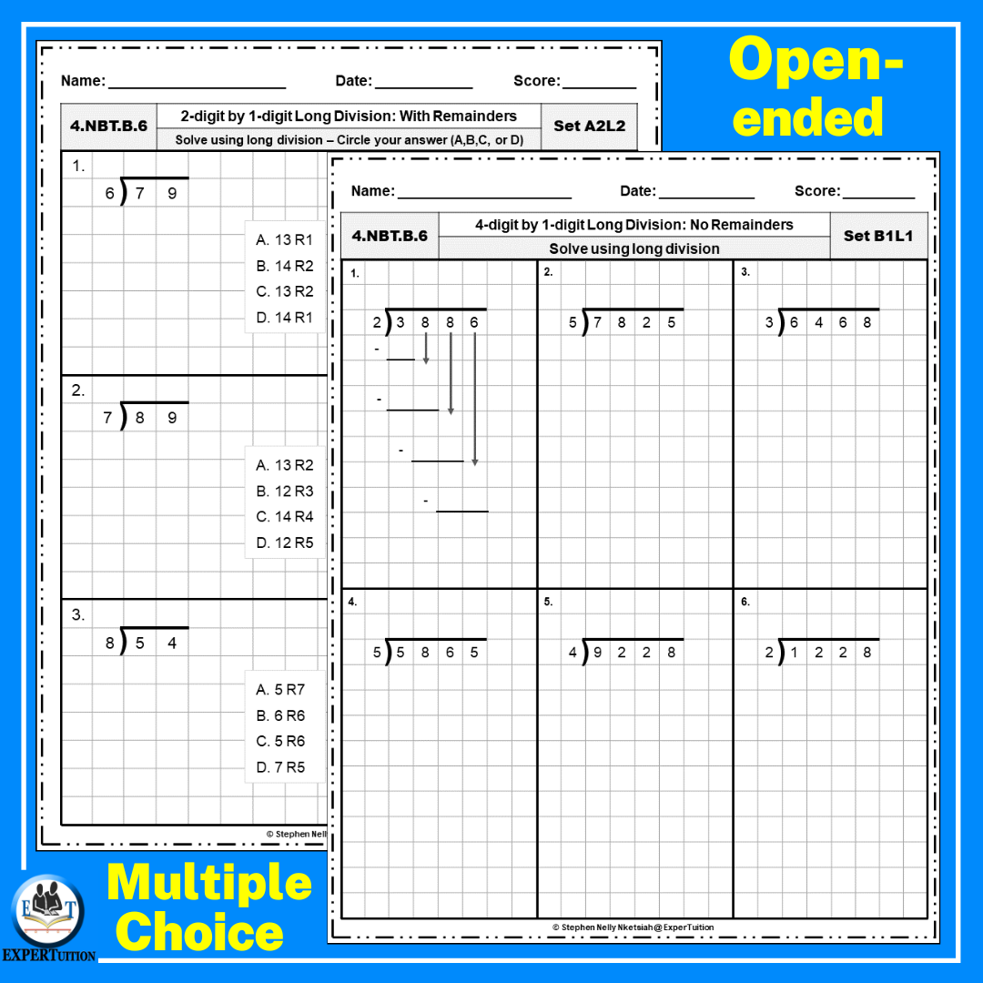 Long Division Practice Worksheets 1 Digit Divisors 3 in 1 BUNDLE Classful