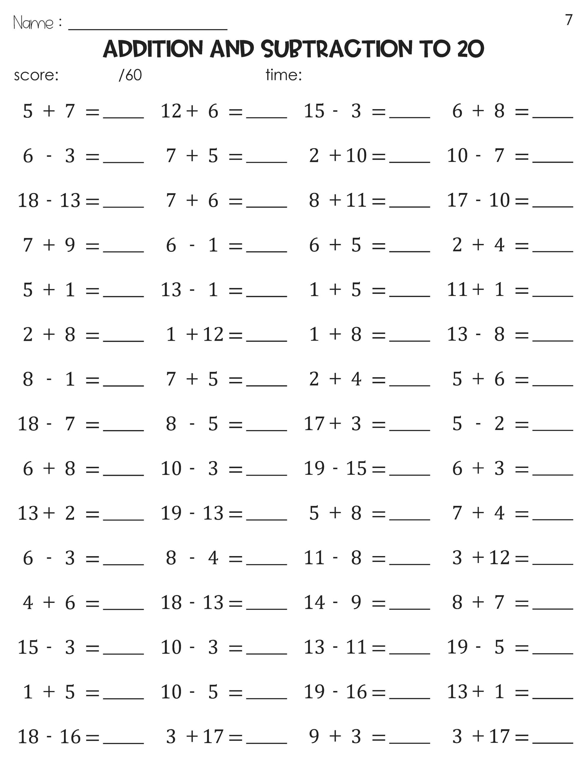 Math Fact Fluency Addition And Subtraction To 20 Timed Tests Practice Etsy