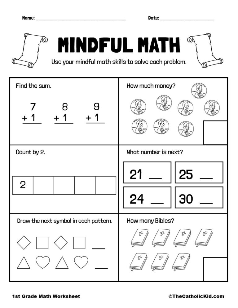 Math Review Printable 1st Grade Math Worksheet Catholic