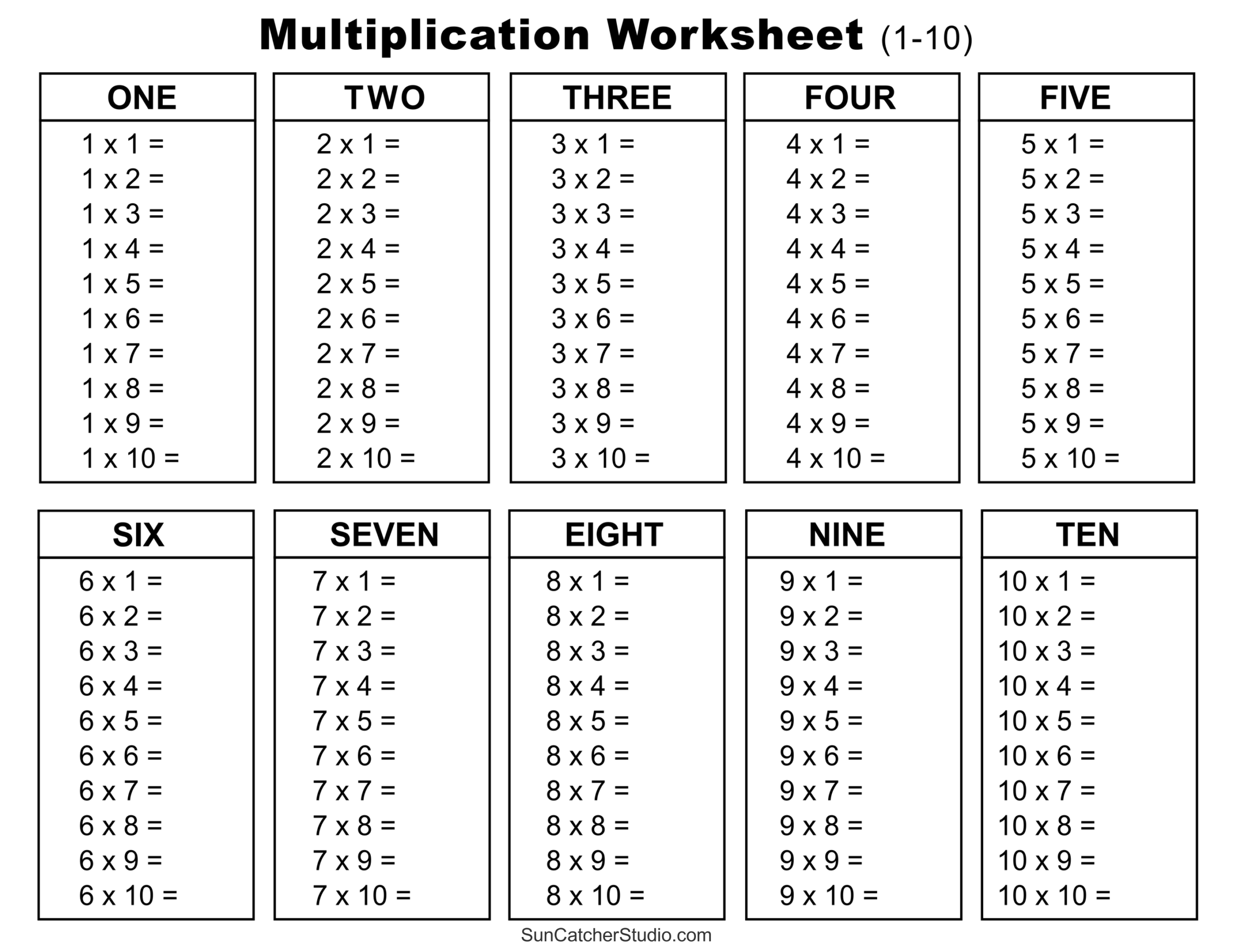multiplication table sheets 1 12