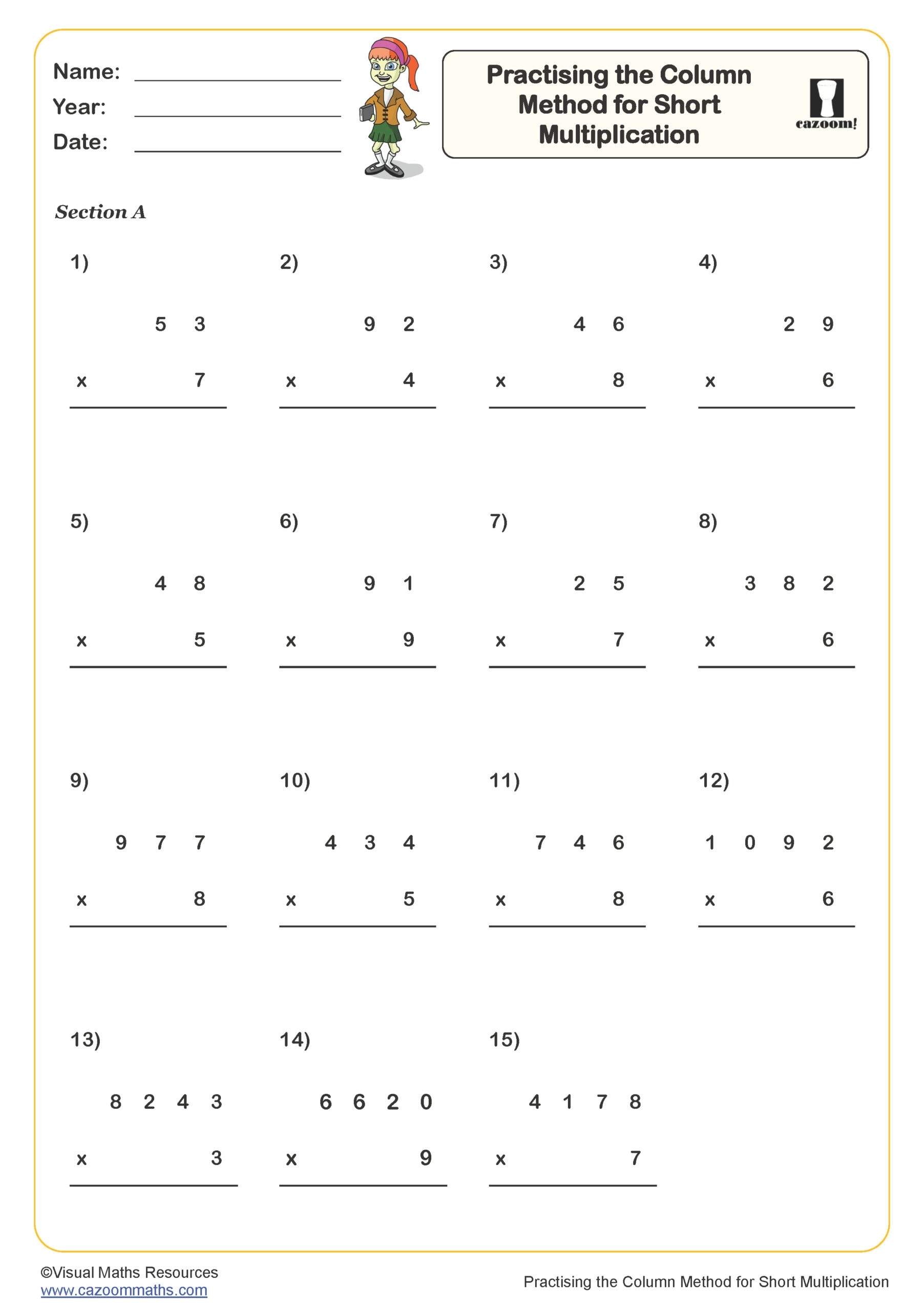 Multiplying 3 Digits By 1 Digit Worksheet Key Stage 2 PDF Number Worksheets