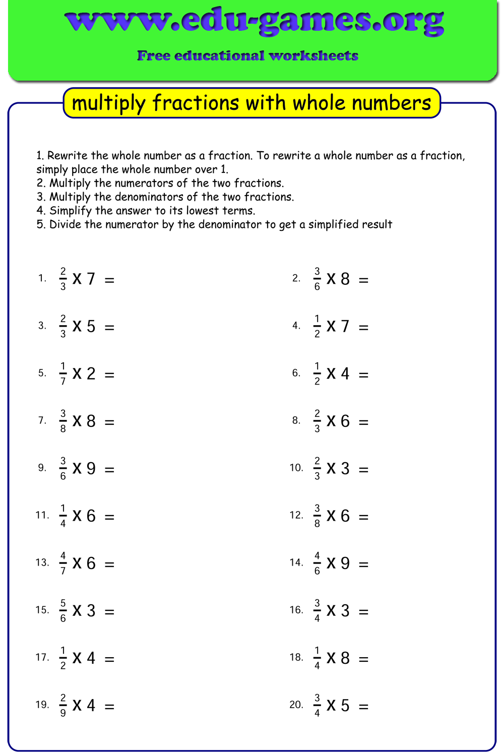 multiplying fractions by whole numbers worksheets