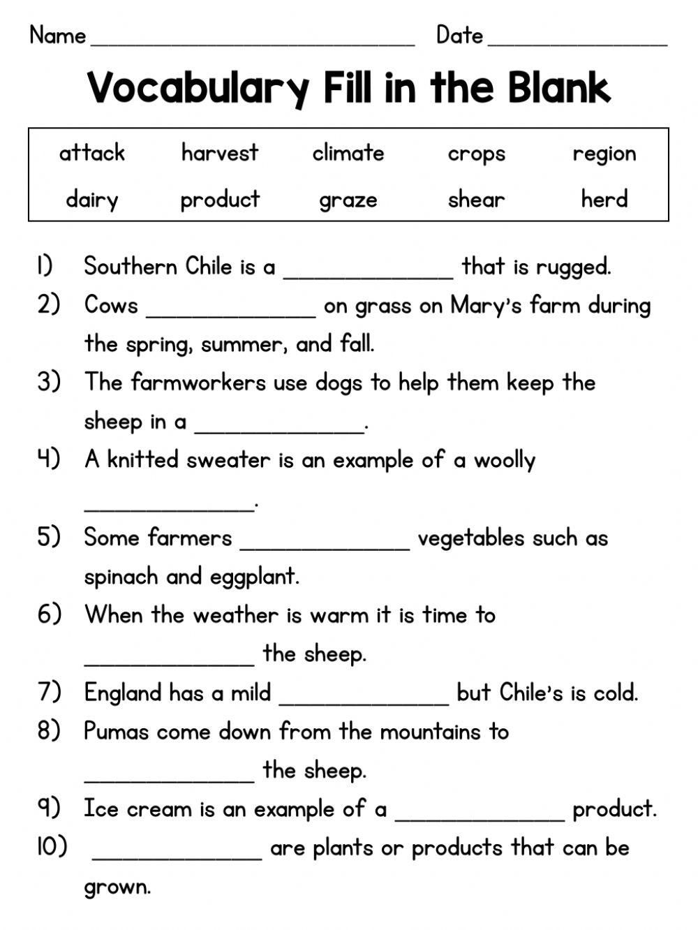 On The Farm Vocabulary Fill In The Blanks Worksheet Worksheets Library