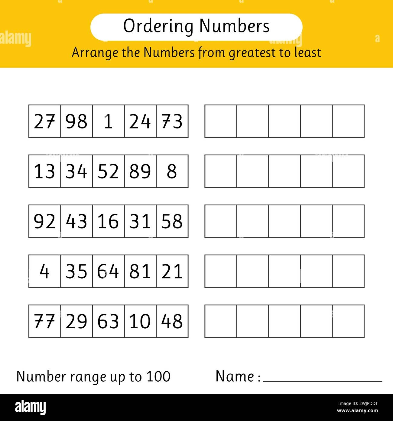 Ordering Numbers Worksheet Arrange The Numbers From Greatest To Least Math Number Range Up To 100 Vector Illustration Stock Vector Image Art Alamy