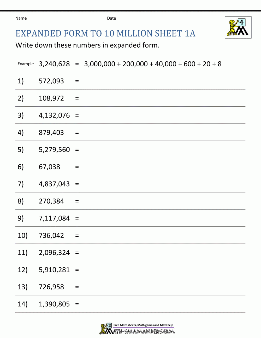 Place Value Worksheet Up To 10 Million