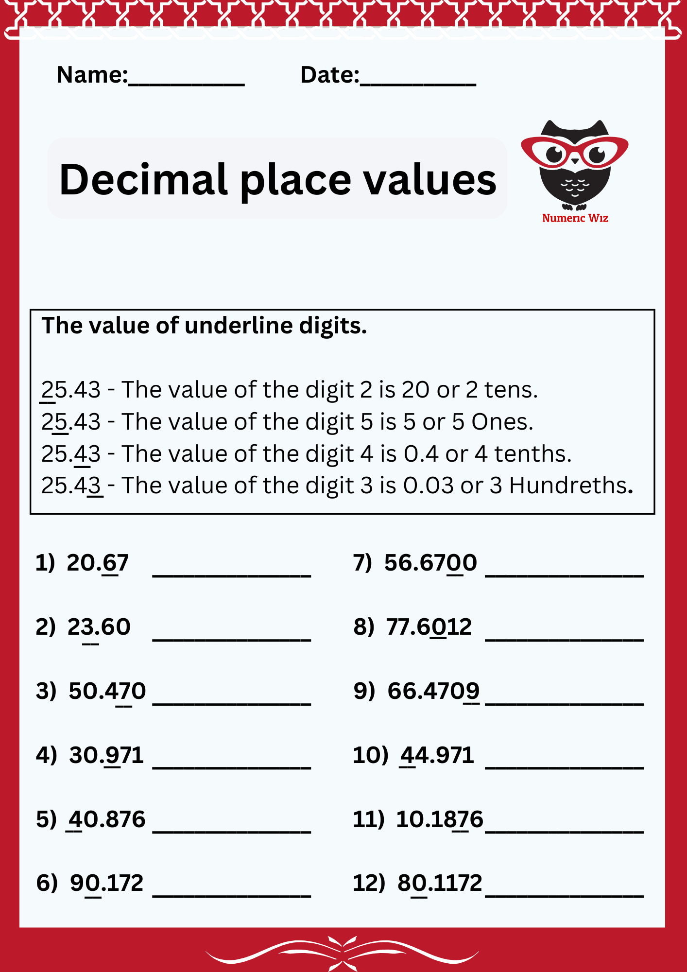 Place Values In Decimal Numbers Numericwiz