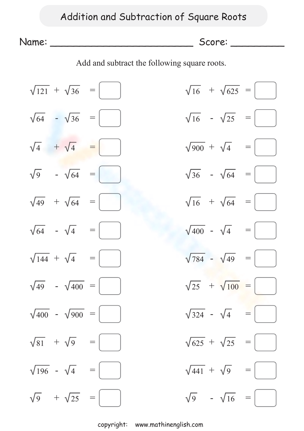 squares and square roots worksheet