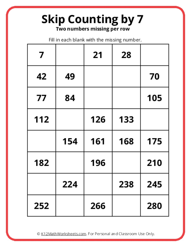 Skip Counting By 7 Worksheets