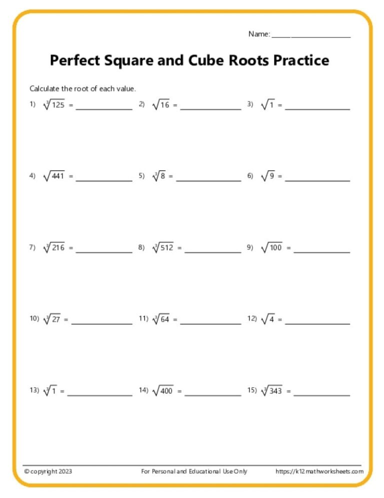 Square Roots Cube 4th 5th 6th Roots K12 Math Worksheets