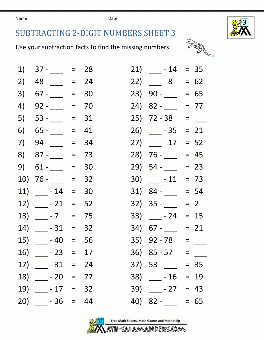 Subtracting 2 digit Numbers Sheet 3