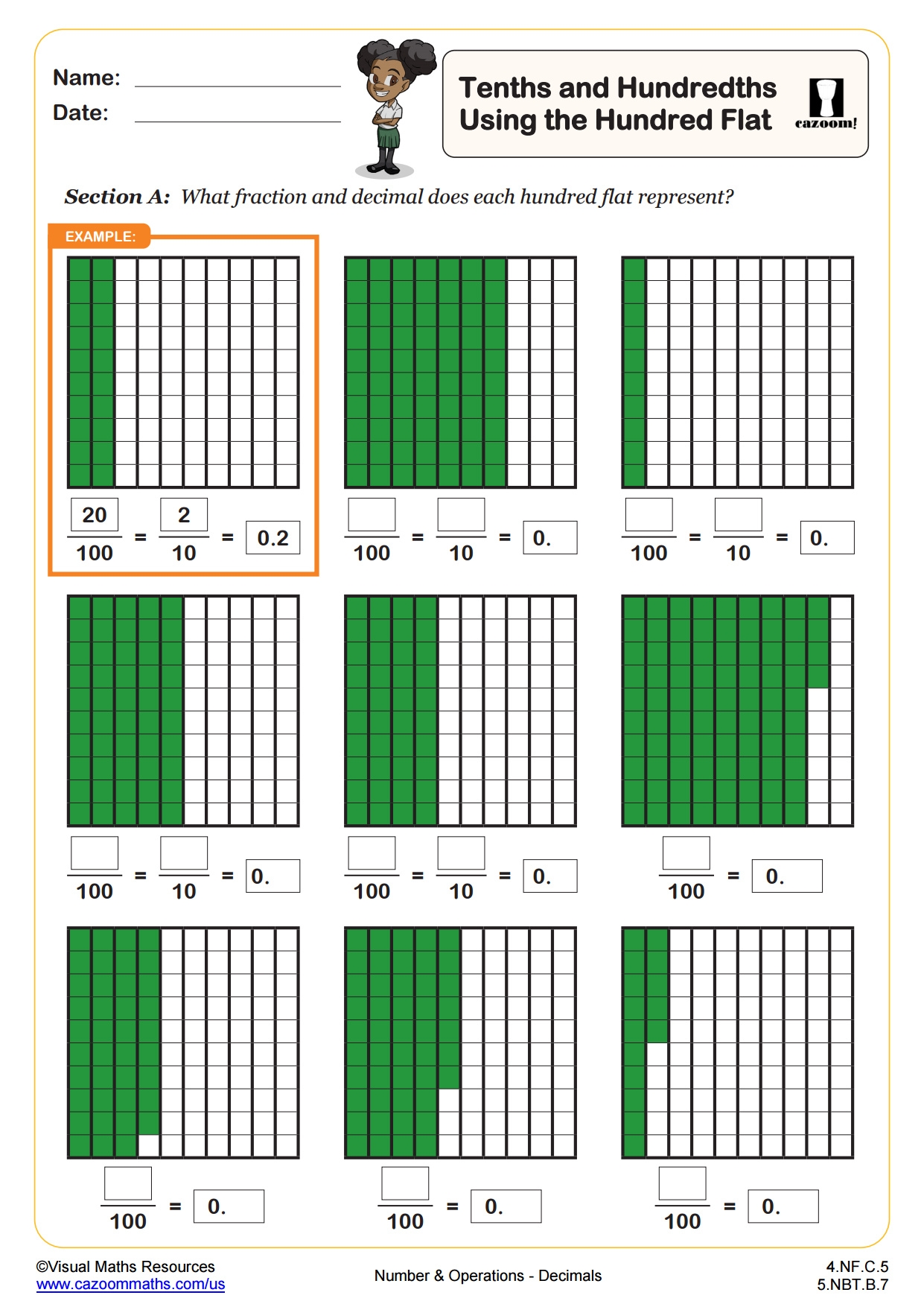 Tenths And Hundredths Using The Hundred Square 4th Grade PDF Number And Operations Worksheets Cazoom Math