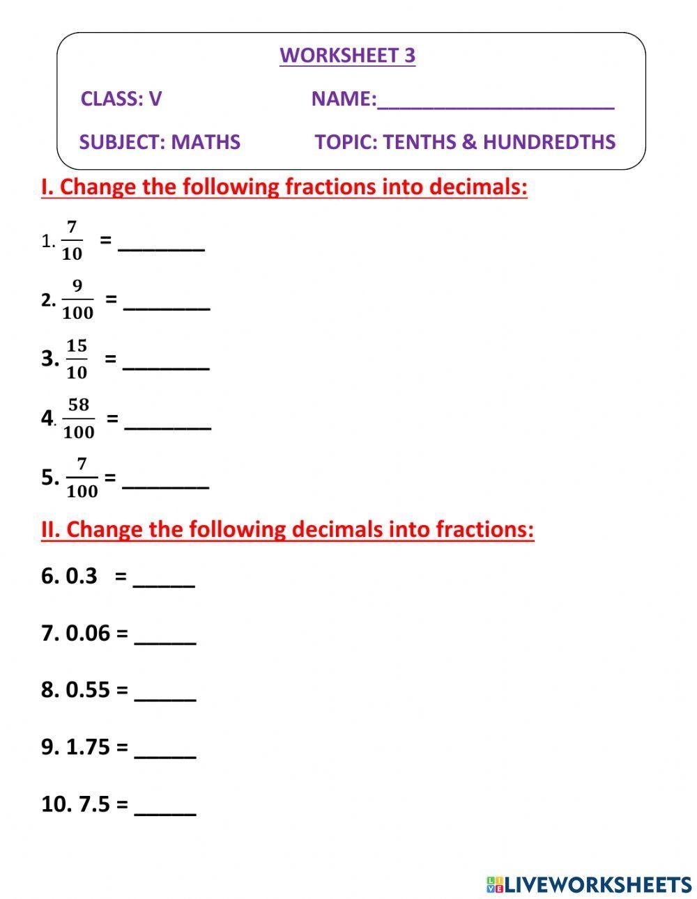 Tenths And Hundredths Ws 3 Worksheet Worksheets Library