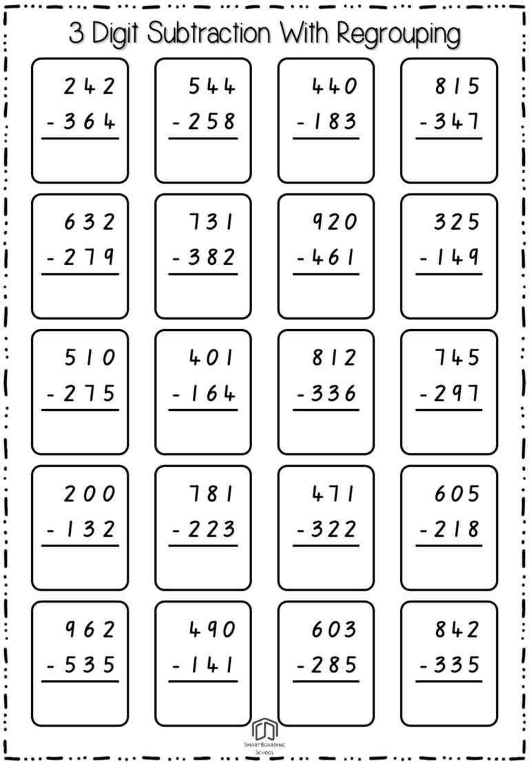 Three Digit Subtraction With Regrouping