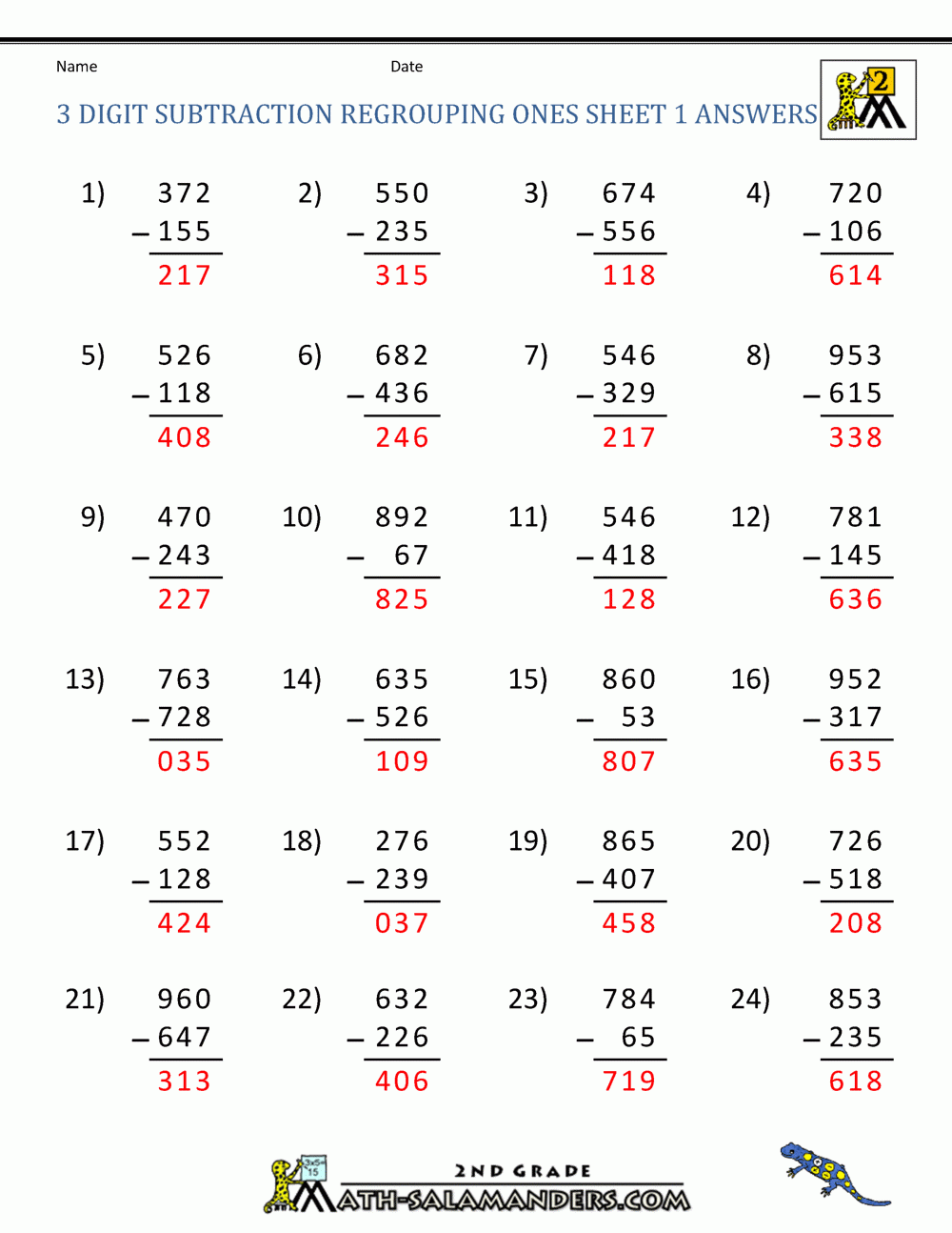 3 digit subtraction with regrouping