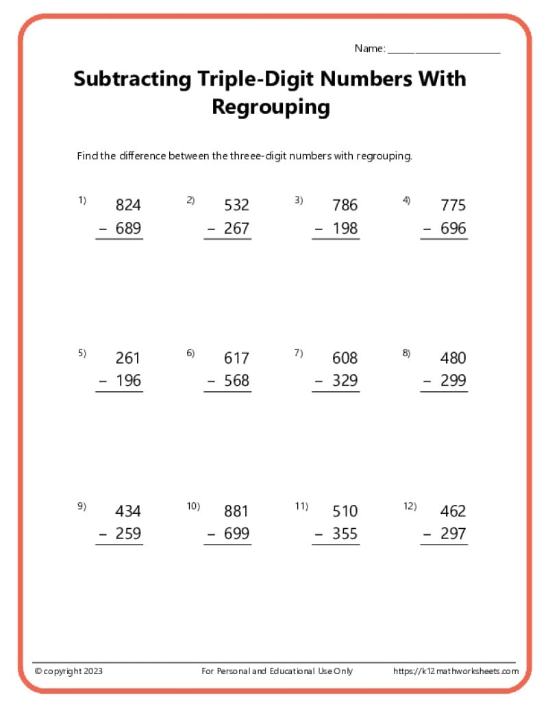 Triple Digit Subtraction With Regrouping Worksheets