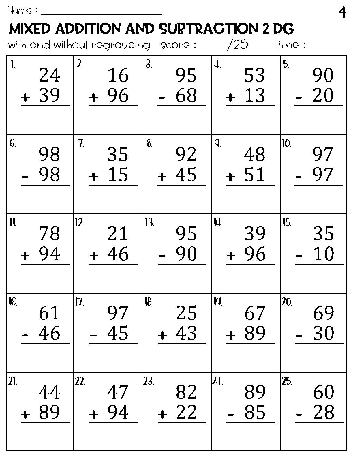 Two Digit Mixed Addition And Subtraction With And Without Regrouping Worksheets Etsy