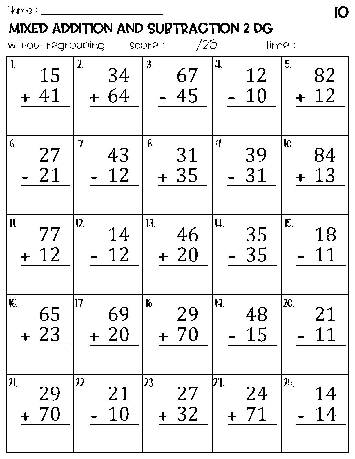 Two Digit Mixed Addition And Subtraction Without Regrouping Worksheets Etsy