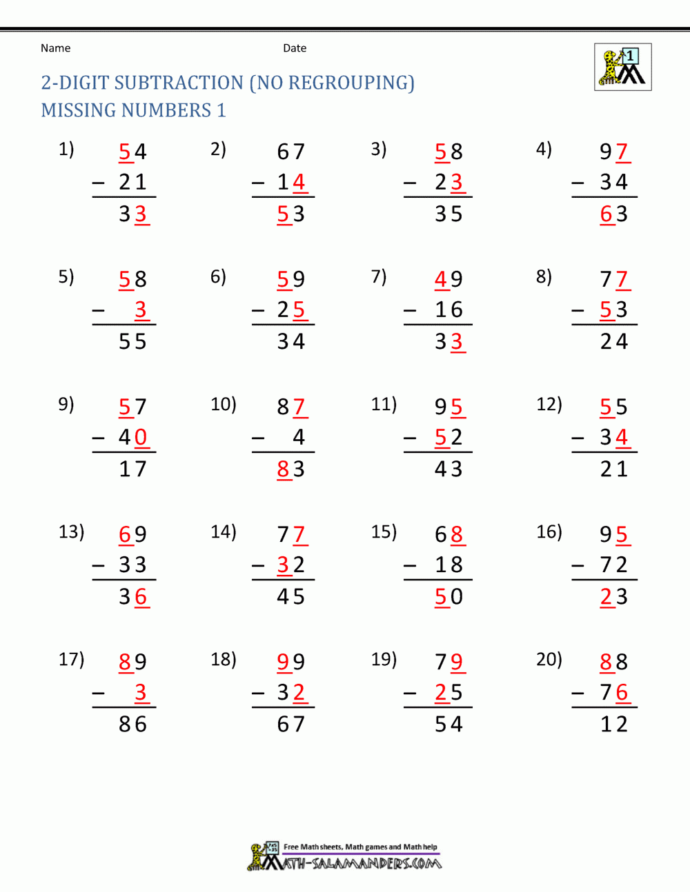 Two Digit Subtraction Without Regrouping
